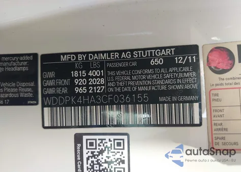 2012 Mercedes-Benz Slk 250 из США, поврежденный, VIN WDDPK4HA3CF036155